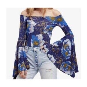 We the Free People Birds of Paradise Top Size S Blue Floral Dramatic Bell Sleeve